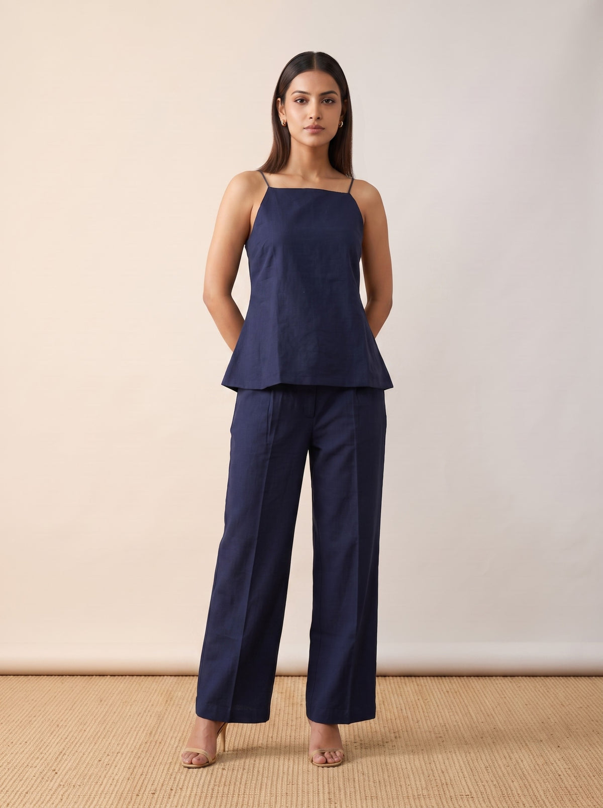 Midnight Navy Linen Camisole & Straight-Leg Pants Co-Ord Set