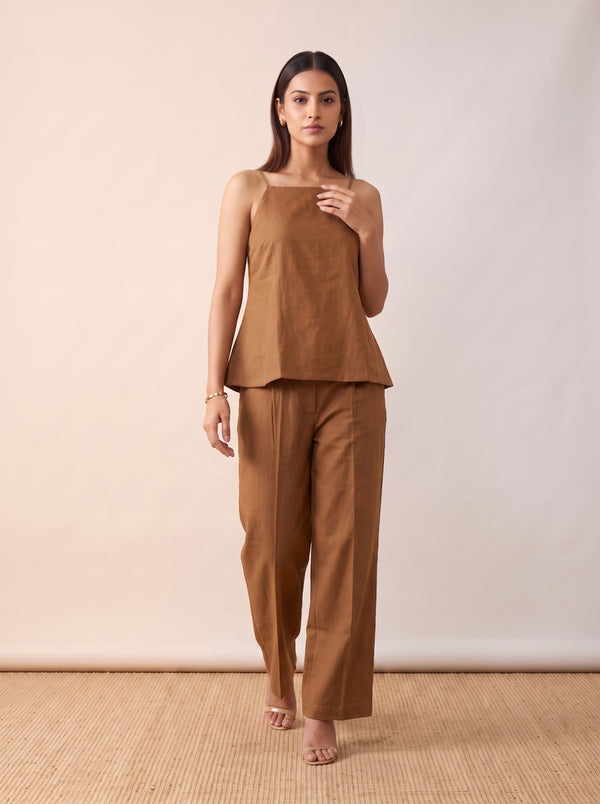 Cinnamon Linen Camisole & Straight Pants Co-Ord Set