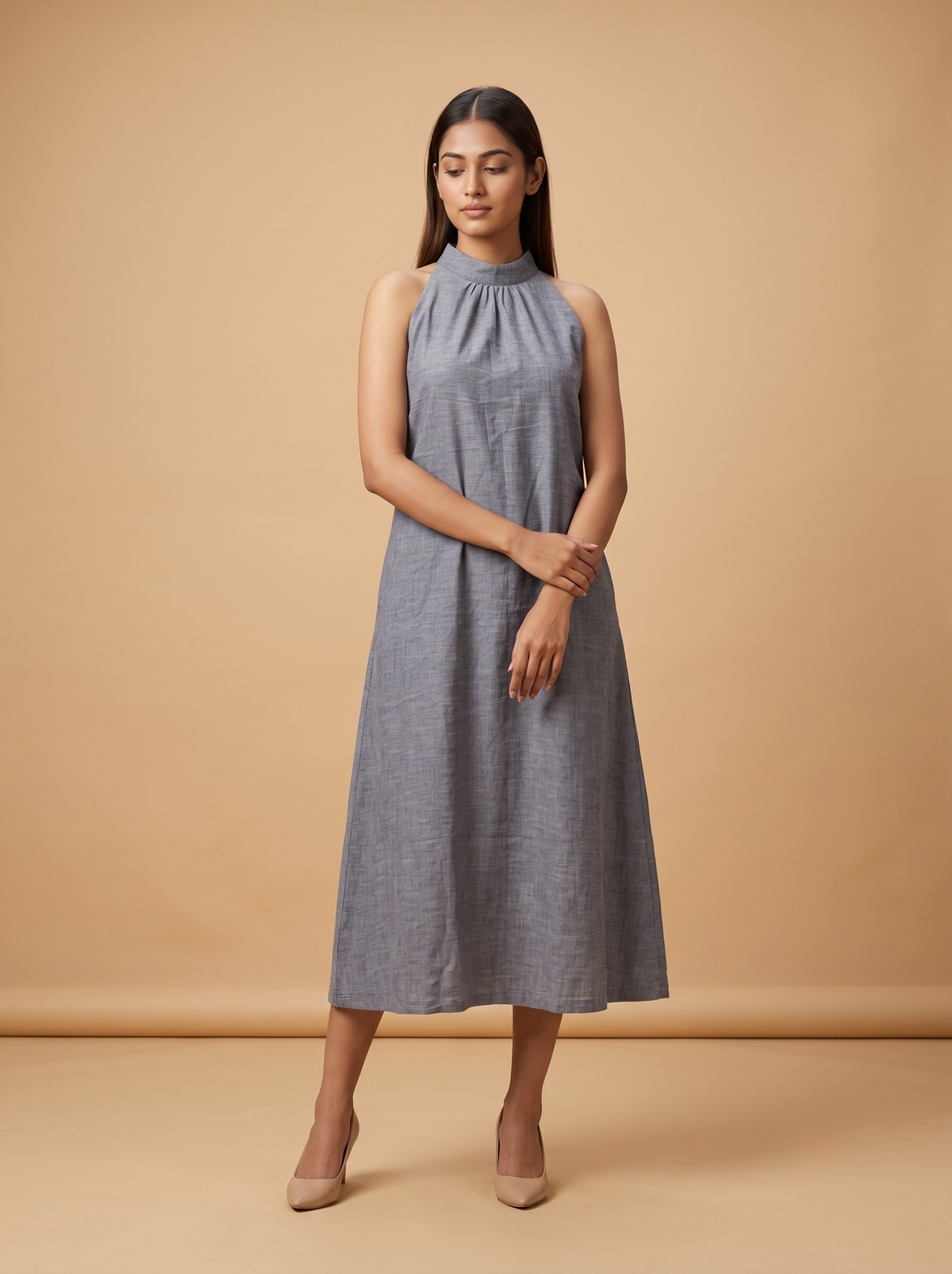 Slate Grey Linen Halter Midi Dress