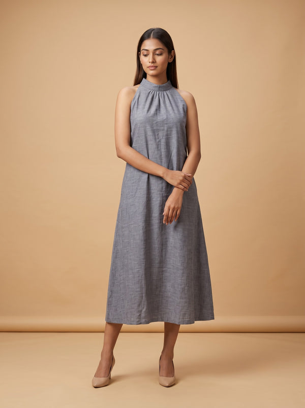 Slate Grey Linen Halter Midi Dress