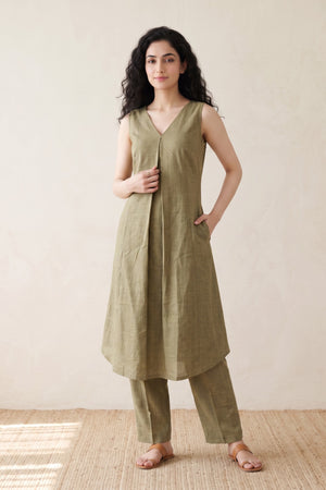 Olive Linen Layered Kurta Co-Ord Set