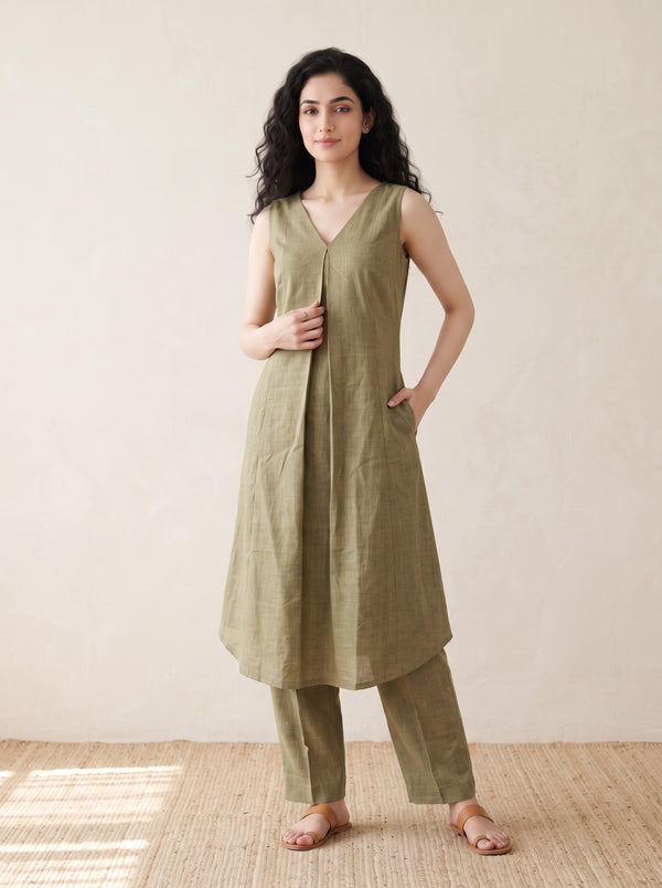 Olive Linen Layered Kurta Co-Ord Set