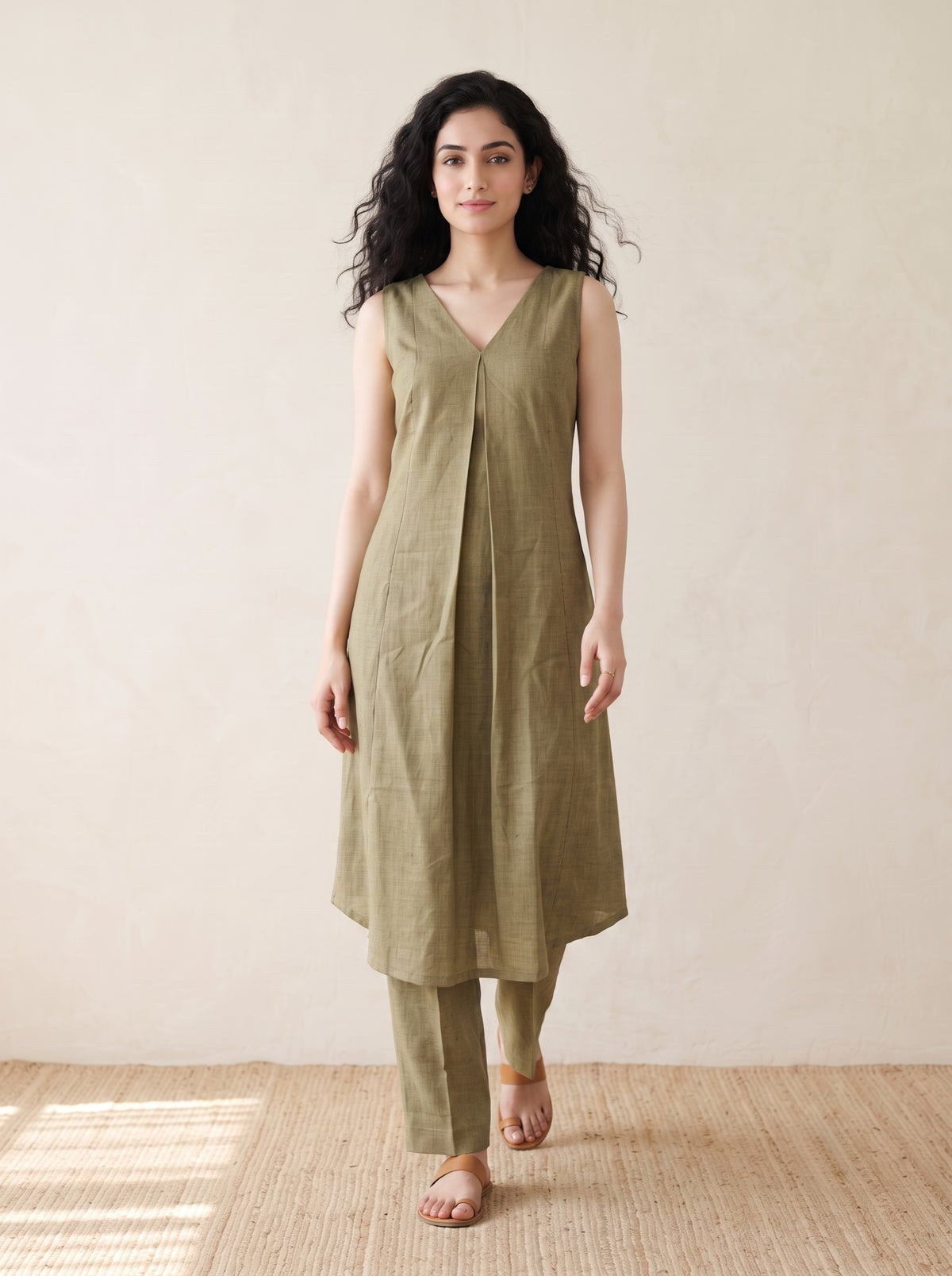 Olive Linen Layered Kurta Co-Ord Set