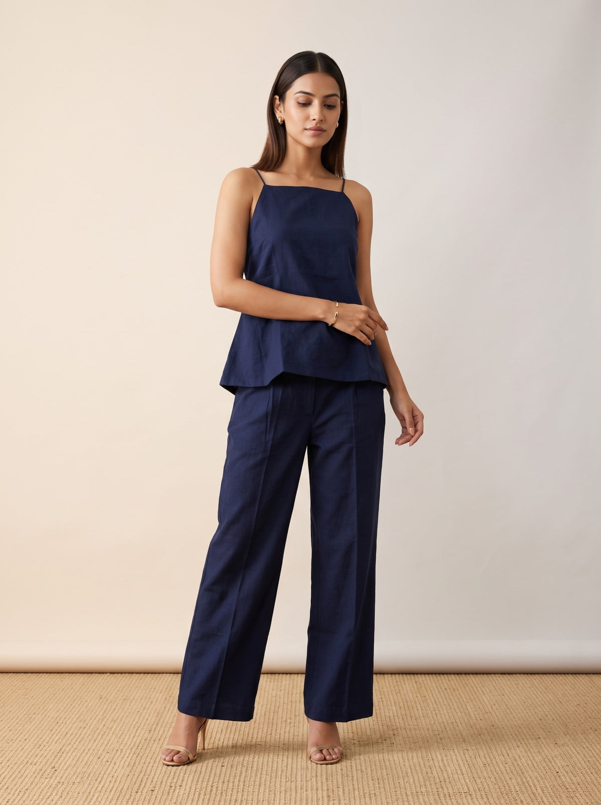 Midnight Navy Linen Camisole & Straight-Leg Pants Co-Ord Set
