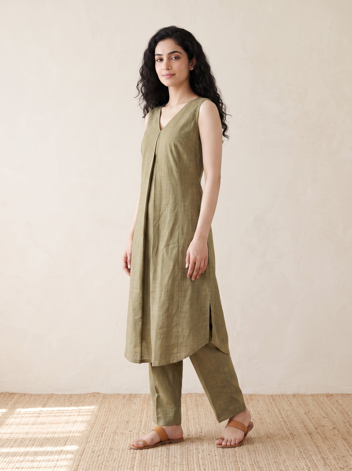 Olive Linen Layered Kurta Co-Ord Set