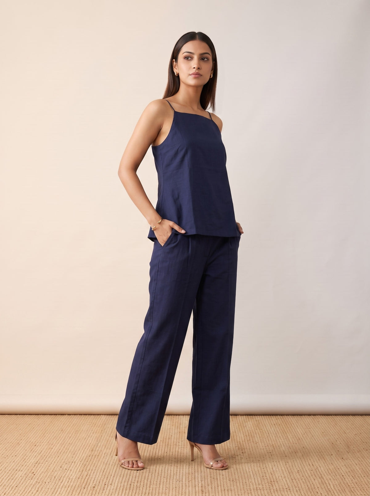 Midnight Navy Linen Camisole & Straight-Leg Pants Co-Ord Set