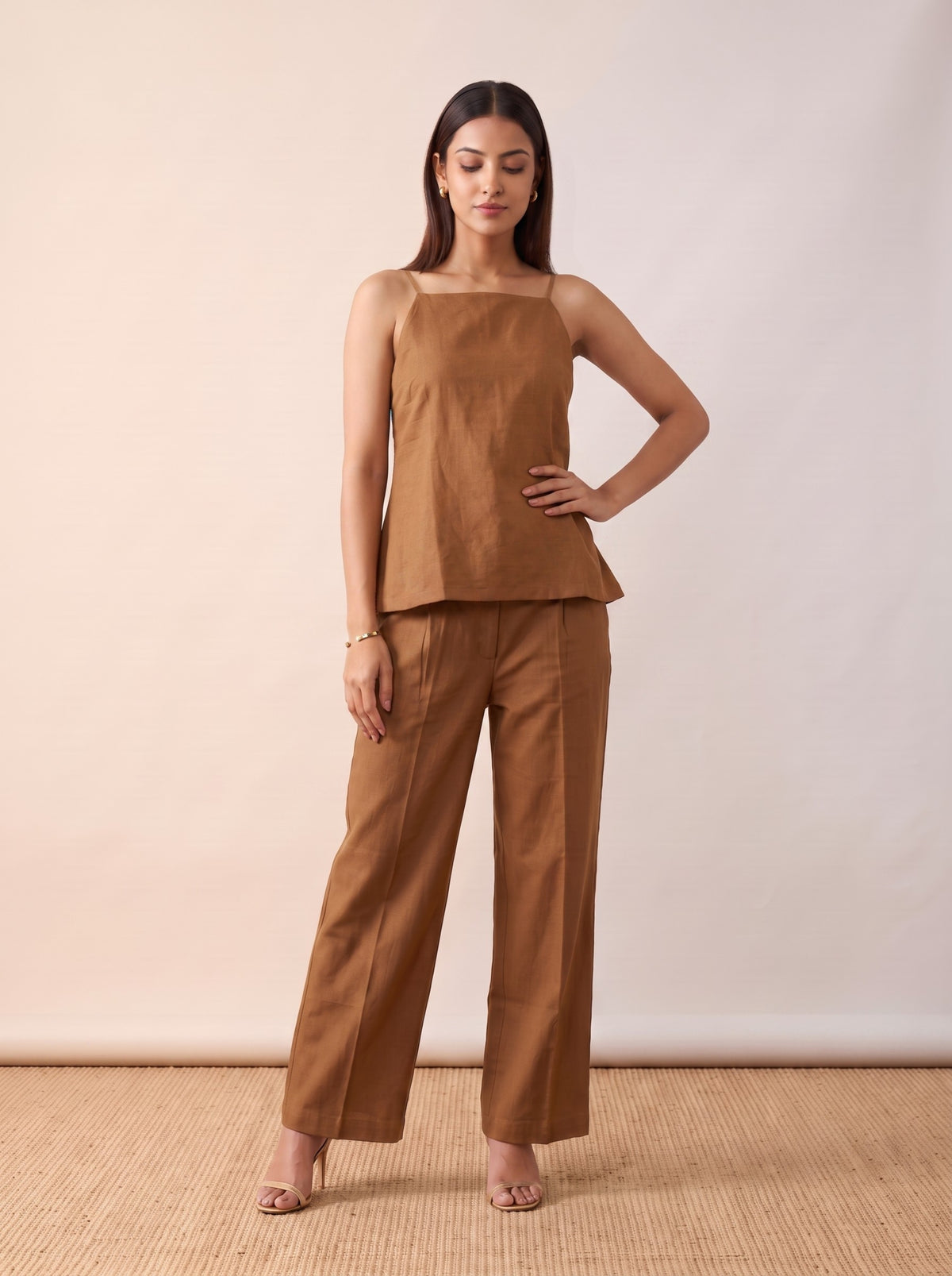 Cinnamon Linen Camisole & Straight Pants Co-Ord Set