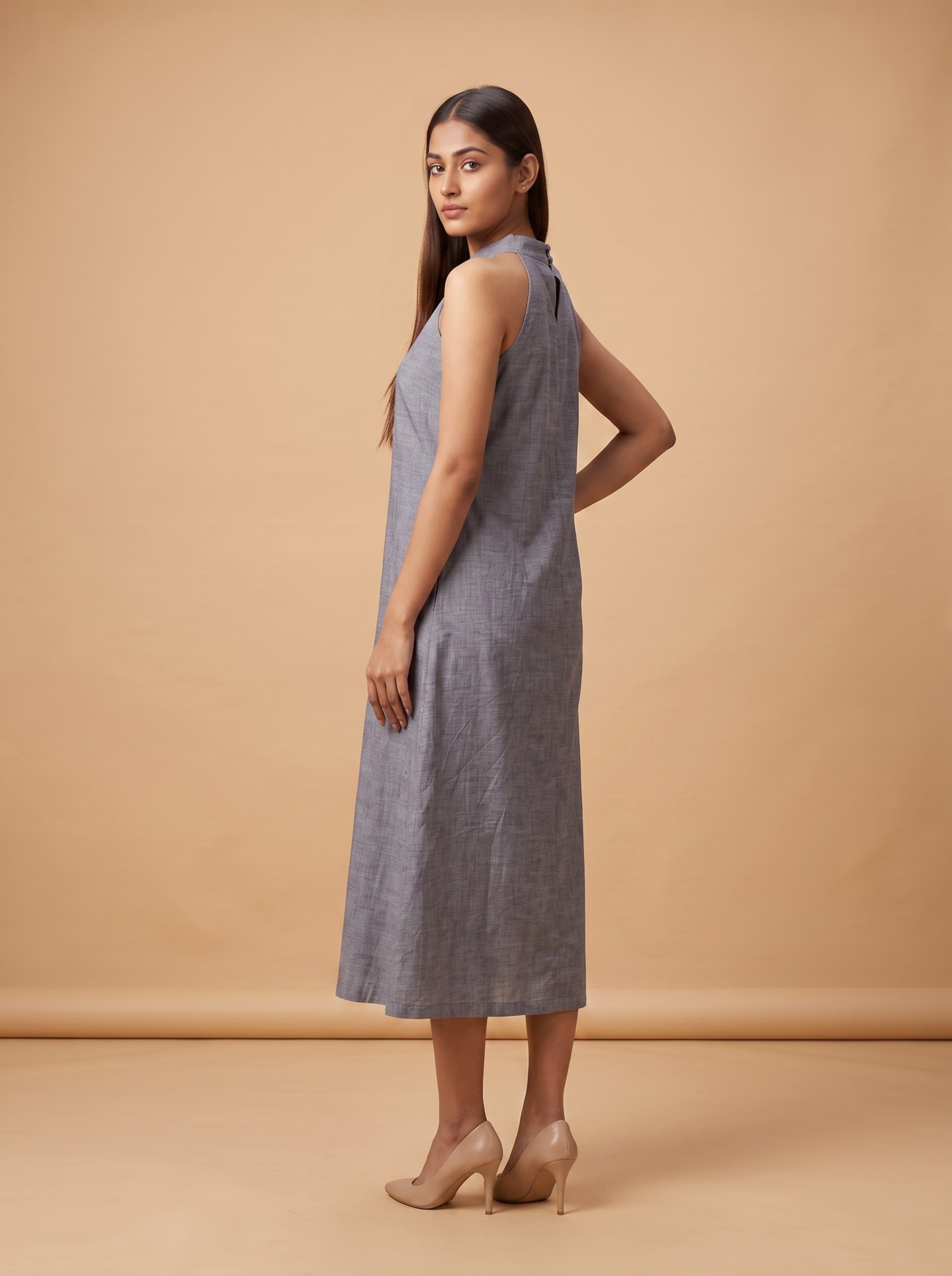 Slate Grey Linen Halter Midi Dress