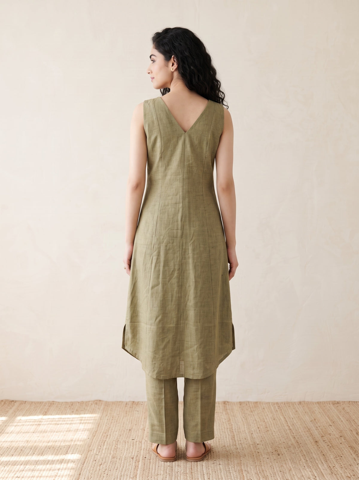 Olive Linen Layered Kurta Co-Ord Set